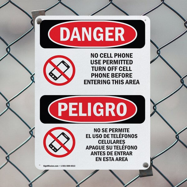 Signmission No Cell Phone Use In Area Bilingual, 7 in W x Rectangle, Plastic - OS-2PACK-DS-P-710-VS-1736