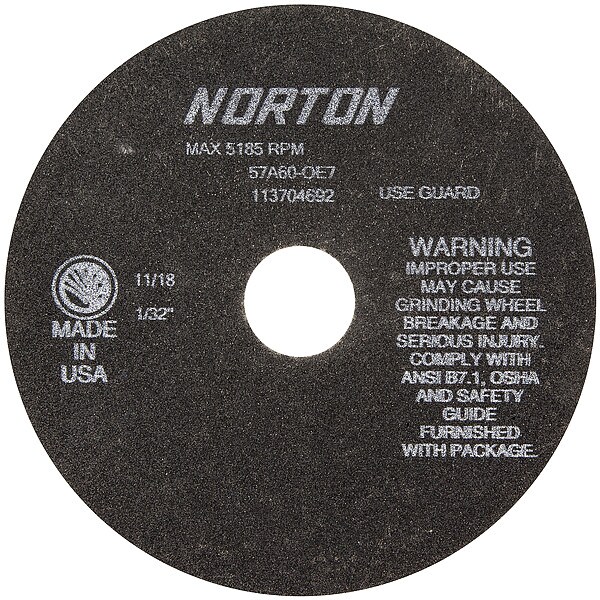 Norton Abrasives Cut-Off Wheel, Type 1, 7 in Dia, 0.0313 in Thick, 1 1/4 in Arbor Hole Size, Aluminum Oxide, 60 Grit - 66252922985