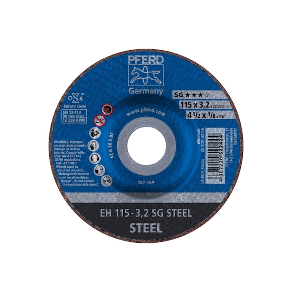 Pferd Abrasive Cut-Off Wheel, Type 27, 4-1/2 in Dia, 1/8 in Thick, 7/8 in Arbor Hole Size, Aluminum Oxide - 63104