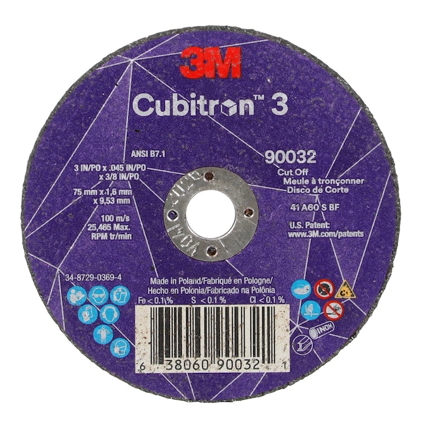 3M Cubitron Abrasive Cut-Off Wheel, Type 1, 3 in Dia, 0.045 in Thick, 3/8 in Arbor Hole Size, Ceramic, 60 Grit - 90032