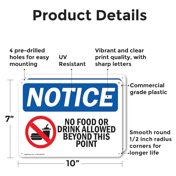 Signmission No Food Or Drink Allowed Beyond This Point, 10 in W x Rectangle, Plastic - OS-2PACK-NS-P-710-L-16125