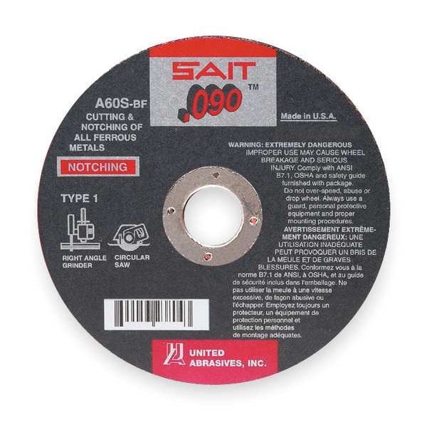 United Abrasives/Sait Abrasive Cut-Off Wheel, Type 1, 7 in Dia, 0.09 in Thick, 5/8 in Arbor Hole Size, Aluminum Oxide - 23807