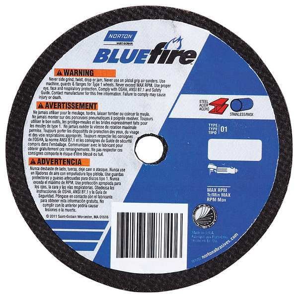 Norton Abrasives Abrasive Cut-Off Wheel, Type 1, 12 in Dia, 0.1094 in Thick, 1 in Arbor Hole Size, Zirconia Alumina - 66252843250