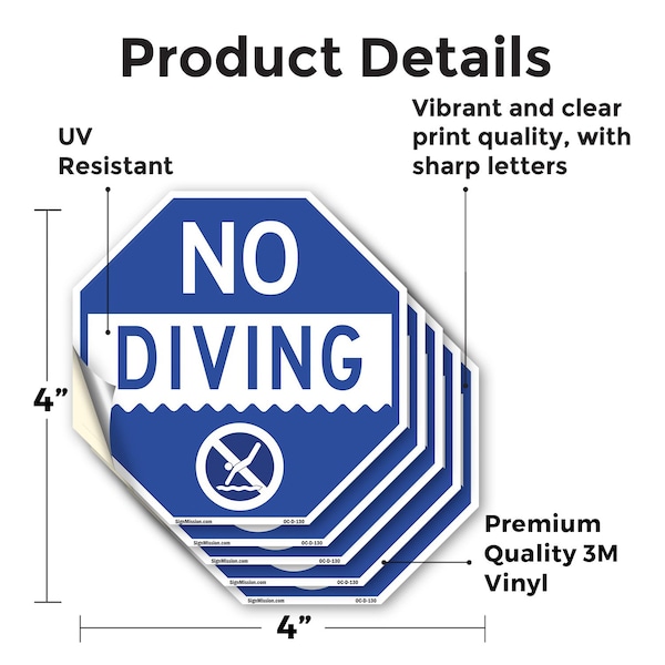 Signmission No Diving, 4 inch X 4 inch, Vinyl Decal, 5PK - OC-D-5PACK-4-130