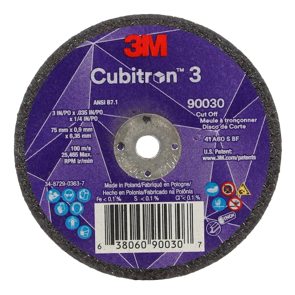 3M Cubitron Abrasive Cut-Off Wheel, Type 1, 3 in Dia, 0.035 in Thick, 1/4 in Arbor Hole Size, Ceramic, 60 Grit - 90030