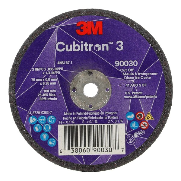 3M Cubitron Abrasive Cut-Off Wheel, Type 1, 3 in Dia, 0.035 in Thick, 1/4 in Arbor Hole Size, Ceramic, 60 Grit - 90030