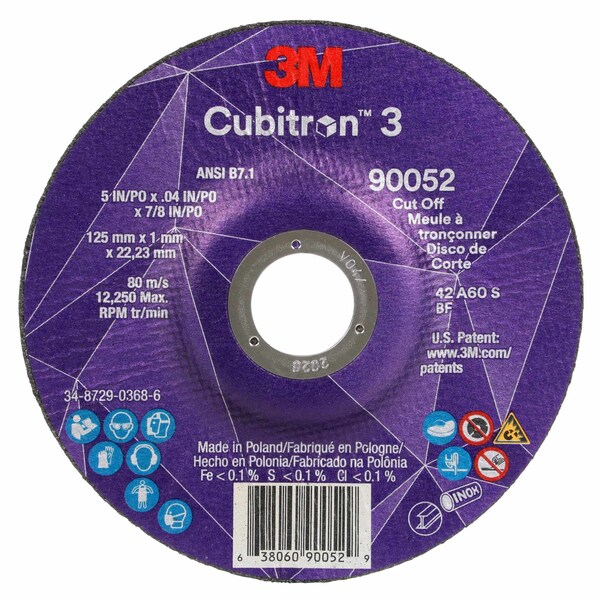 3M Cubitron 3M 3 Cut-Off Wheel, 60+, T27, 5 in x 0.04 in x 7/8 in 125 x 1 x 22.23 mm, ANSI, 50PK - 90052