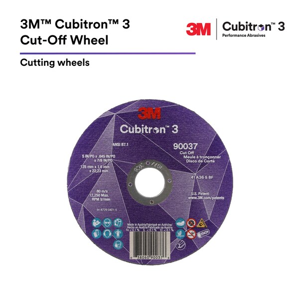 3M Cubitron 3M 3 Cut-Off Wheel, 60+, T27, 5 in x 0.04 in x 7/8 in 125 x 1 x 22.23 mm, ANSI, 50PK - 90052