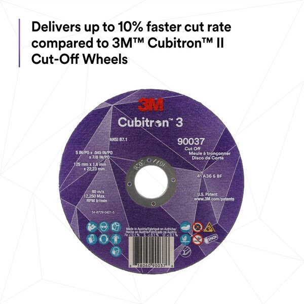 3M Cubitron 3M 3 Cut-Off Wheel, 60+, T27, 5 in x 0.04 in x 7/8 in 125 x 1 x 22.23 mm, ANSI, 50PK - 90052