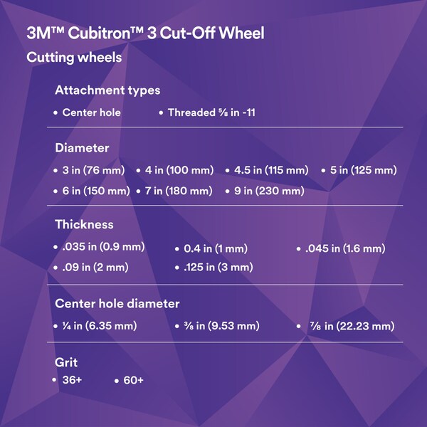 3M Cubitron 3M 3 Cut-Off Wheel, 60+, T27, 5 in x 0.04 in x 7/8 in 125 x 1 x 22.23 mm, ANSI, 50PK - 90052