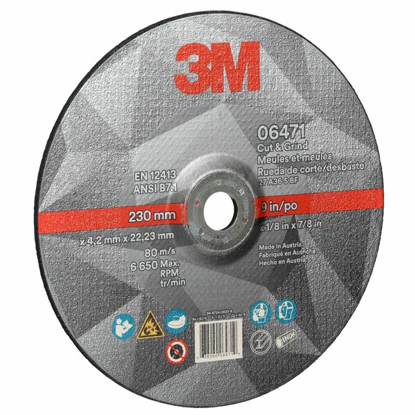 3M Cut and Grind Wheel, 06471, 36+, T27, 9 in x 1/8 in x 7/8 in, 10/Carton, 20PK - 6471