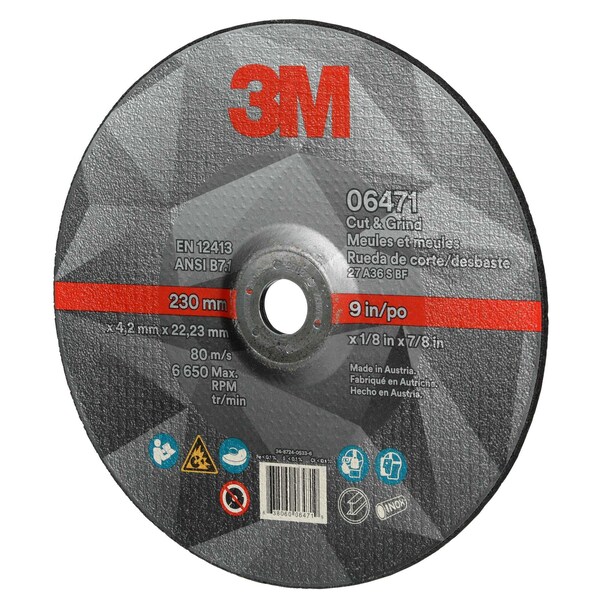 3M Cut and Grind Wheel, 06471, 36+, T27, 9 in x 1/8 in x 7/8 in, 10/Carton, 20PK - 6471