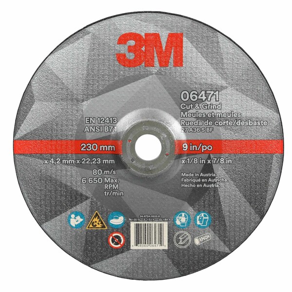 3M Cut and Grind Wheel, 06471, 36+, T27, 9 in x 1/8 in x 7/8 in, 10/Carton, 20PK - 6471