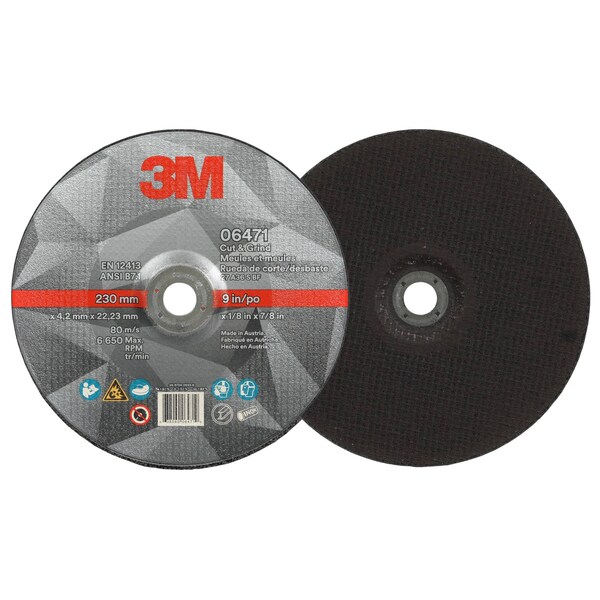 3M Cut and Grind Wheel, 06471, 36+, T27, 9 in x 1/8 in x 7/8 in, 10/Carton, 20PK - 6471