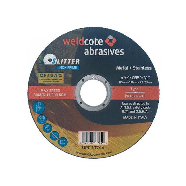 Slitter Inox Prime 4-1/2in x .035in x 7/8 T1 Cut-off Wheel, WA-60-S-BF Slitter INOX-PRIME, 50PK - 10744