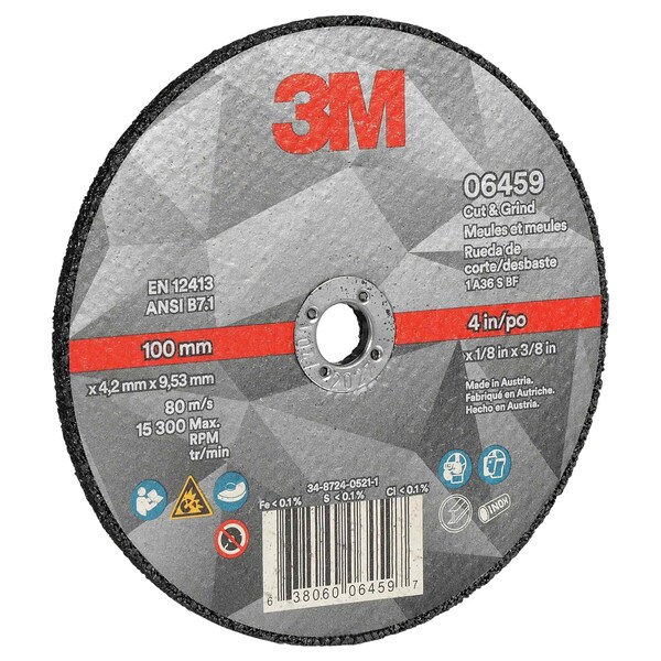 3M Cut and Grind Wheel, 06459, 36+, T1, 4 in x 1/8 in x 3/8 in, 10/Pac, 20PK - 6459