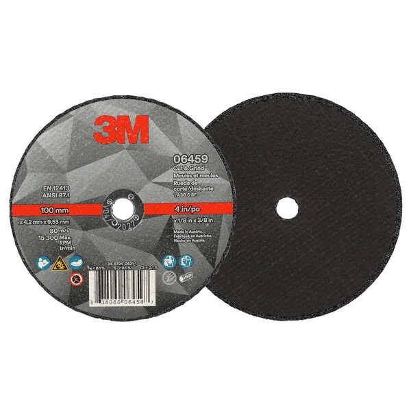 3M Cut and Grind Wheel, 06459, 36+, T1, 4 in x 1/8 in x 3/8 in, 10/Pac, 20PK - 6459