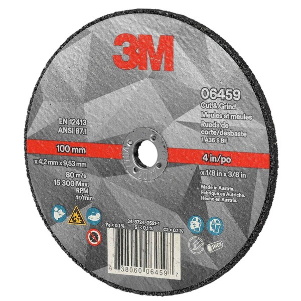 3M Cut and Grind Wheel, 06459, 36+, T1, 4 in x 1/8 in x 3/8 in, 10/Pac, 20PK - 6459