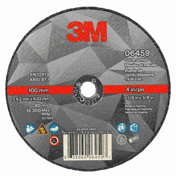 3M Cut and Grind Wheel, 06459, 36+, T1, 4 in x 1/8 in x 3/8 in, 10/Pac, 20PK - 6459