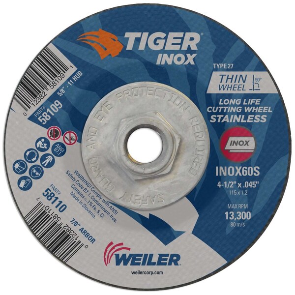 Weiler 4-1/2" x .045" TIGER INOX Type 27 Cutting Wheel, INOX60S, , 5/8"-11 - 58109