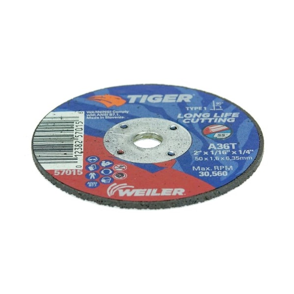 Weiler 2" x 1/16" TIGER AO Type 1 Cutting Wheel, A36T, 1/4" A.H. - 57015