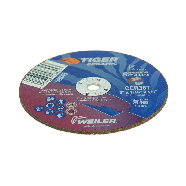 Weiler 3 in Dia, 1/16 in Thick, Ceramic, 36 Grit - 58345