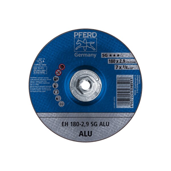 Pferd Type 27, 7 in Dia, 1/8 in Thick, 5/8 in-11 Arbor Hole Size, Aluminum Oxide, 24 Grit - 63141