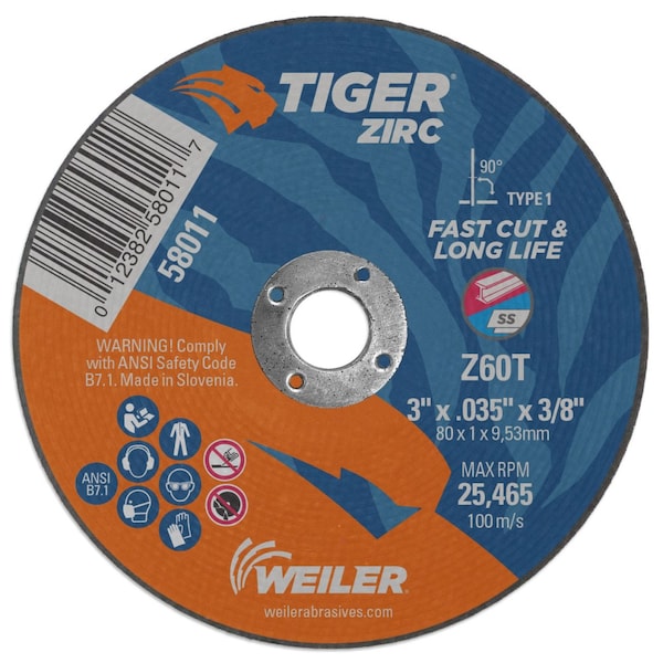 Weiler 3 in Dia, 0.035 in Thick, Zirconia Alumina, 60 Grit - 58011