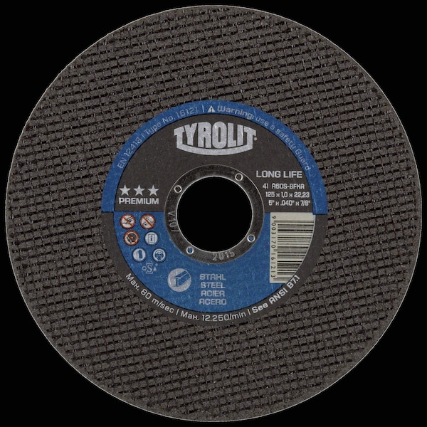 Tryolit Abrasives Type 27, 4-1/2 in Dia, 7/8 in Arbor Hole Size, Aluminum Oxide, 60 Grit - 34163158