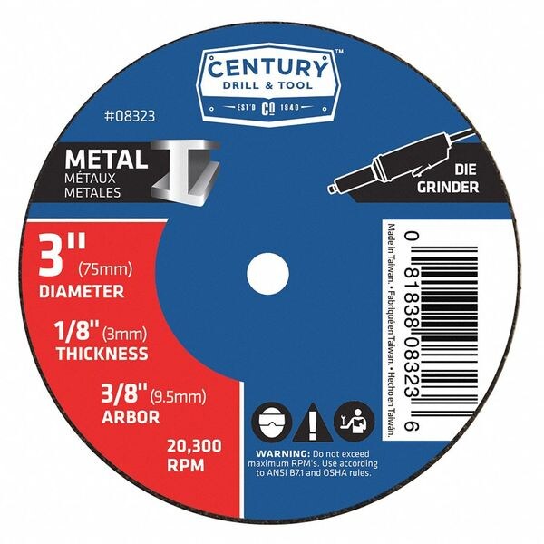 Century Drill & Tool Abrasive Cut-Off Wheel, TYPE 1A, 3 in Dia, 1/8 in Thick, 3/8 in Arbor Hole Size, Aluminum Oxide - 08323