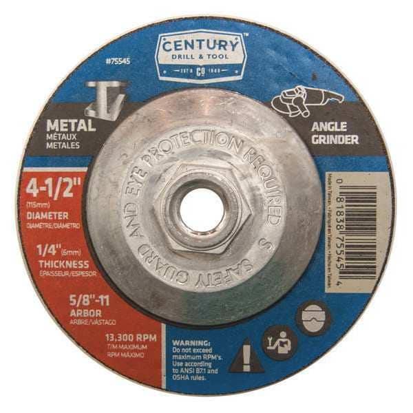 Century Drill & Tool Abrasive Cut-Off Wheel, Type 27, 4-1/2 in Dia, 1/4 in Thick, 5/8 in-11 Arbor Hole Size, A24R Series - 75545