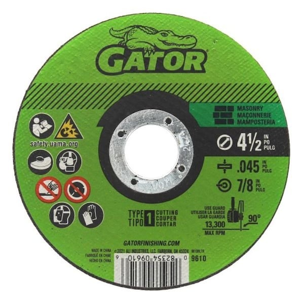 Gatorblade Cut-Off Wheel, 4-1/2 in Dia, 0.045 in Thick, 7/8 in Arbor, 24 Grit - 9610