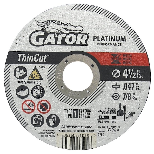 Gator Cut-Off Wheel, 4-1/2 in Dia, 0.047 in Thick, 7/8 in Arbor, Aluminum Oxide Abrasive - 9750