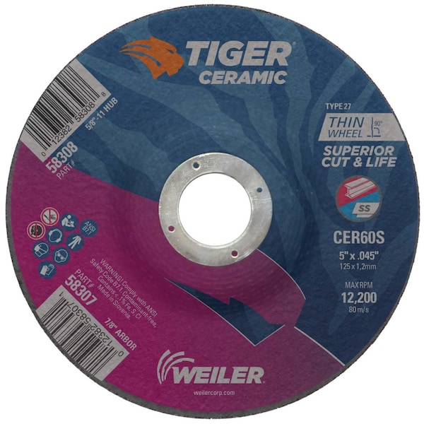 Weiler 5" x .045" TIGER CERAMIC Type 27 Cutting Wheel CER60S 7/8 A.H. - 58307