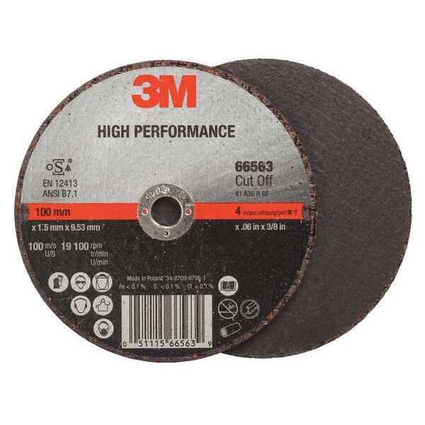 3M Abrasive Cut-Off Wheel, Type 1, 4 in Dia, 0.035 in Thick, 3/8 in Arbor Hole Size, Ceramic, 36 Grit - 60410011286
