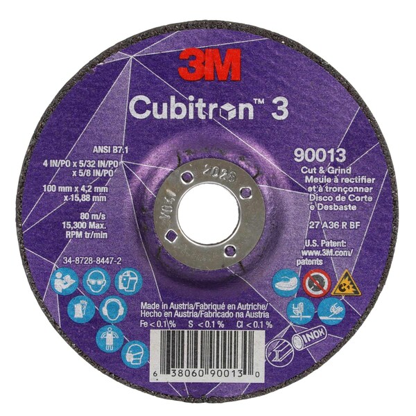 3M Cubitron 3M 3 Cut and Grind Wheel, 36+, T27, 4 x 5/32 x 5/8 100 x 4.2 x 15.88 mm, ANSI, 20PK - 90013