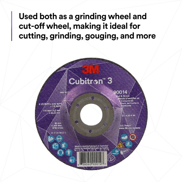 3M Cubitron 3M 3 Cut and Grind Wheel, 36+, T27, 4 x 5/32 x 5/8 100 x 4.2 x 15.88 mm, ANSI, 20PK - 90013
