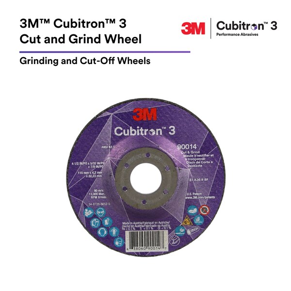 3M Cubitron 3M 3 Cut and Grind Wheel, 36+, T27, 4 x 5/32 x 5/8 100 x 4.2 x 15.88 mm, ANSI, 20PK - 90013