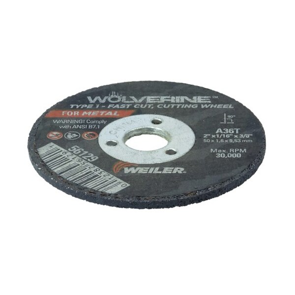 Weiler 2 in Dia, 1/16 in Thick, Aluminum Oxide, 36 Grit - 56129