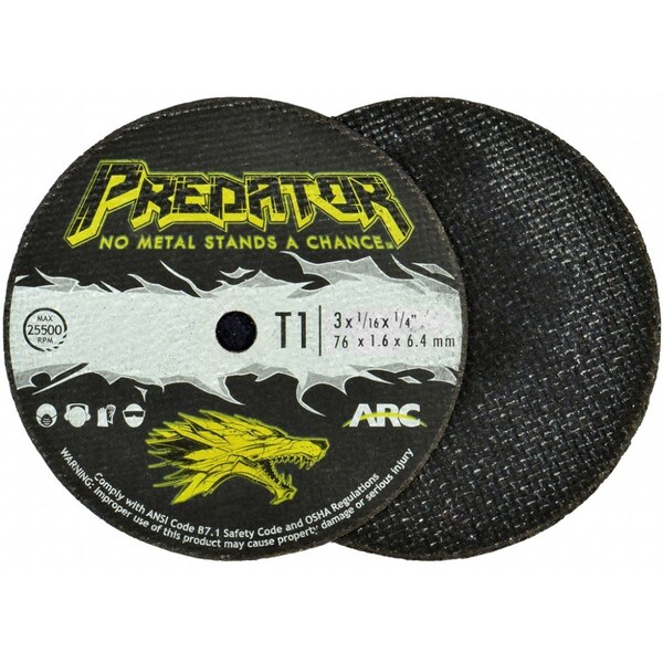 Arc Abrasives Cut-Off Wheel, Type 1, 3 in Dia, 1/16 in Thick, 1/4 in Arbor Hole Size, Aluminum Oxide, A46T Series - 903161403