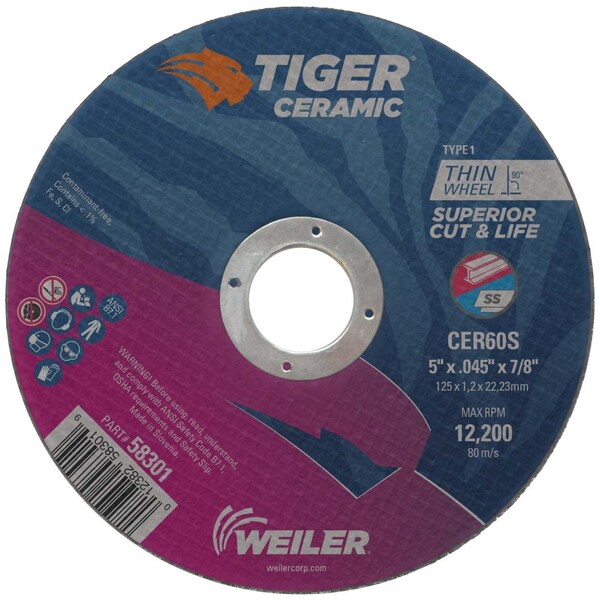 Weiler 5" x .045" TIGER CERAMIC Type 1 Cut-Off Wheel CER60S 7/8 A.H. - 58301