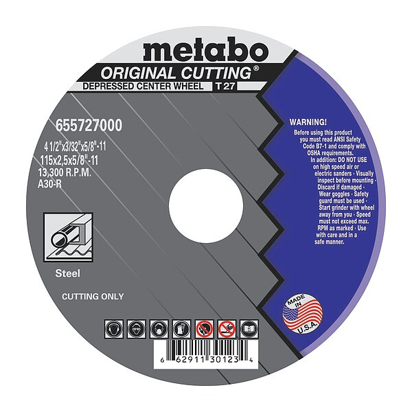 Metabo Abrasive Cut-Off Wheel, Type 27, 4-1/2 in Dia, 3/32 in Thick, 5/8 in-11 Arbor Hole Size, A30R Series - 655727000