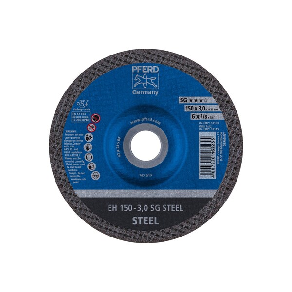 Pferd Type 27, 6 in Dia, 1/8 in Thick, 7/8 in Arbor Hole Size, Aluminum Oxide, 24 Grit - 63107