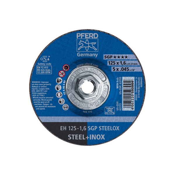 Pferd Abrasive Cut-Off Wheel, Type 27, 5 in Dia, 0.45 in Thick, 5/8 in-11 Arbor Hole Size, Aluminum Oxide - 63193