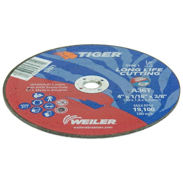 Weiler 4" x 1/16" TIGER AO Type 1 Cutting Wheel, A36T, 3/8" A.H. - 57071