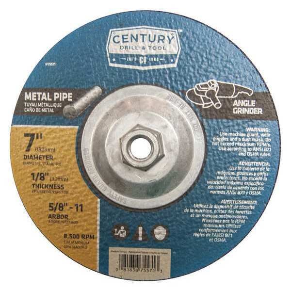 Century Drill & Tool Abrasive Cut-Off Wheel, Type 27, 7 in Dia, 1/8 in Thick, 5/8 in-11 Arbor Hole Size, Aluminum Oxide - 75571