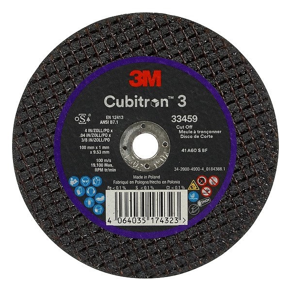 3M Cut-Off Wheel, Type 1, 4 in Dia, 0.039 in Thick, 3/8 in Arbor Hole Size, Ceramic, Cubitron 3 Series - 33459