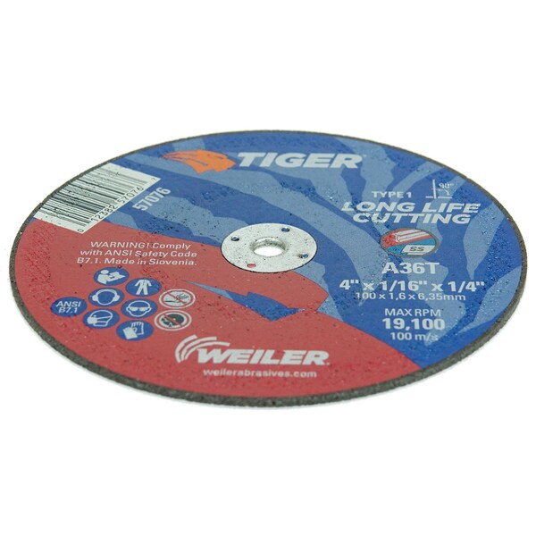 Weiler 4" x 1/16" TIGER AO Type 1 Cutting Wheel, A36T, 1/4" A.H. - 57076