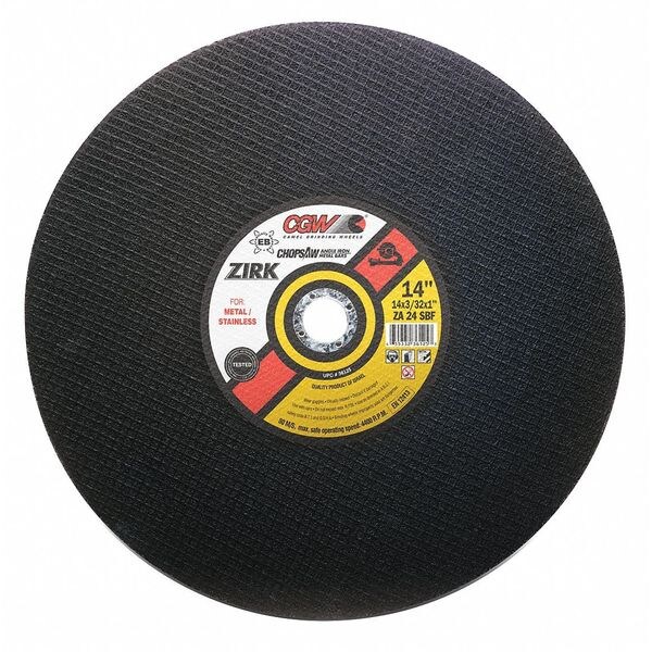 Cgw Abrasives Abrasive Cut-Off Wheel, Type 1, 14 in Dia, 3/32 in Thick, 1 in Arbor Hole Size, 24 Grit - 36125