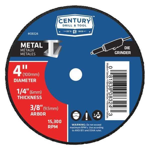 Century Drill & Tool Metal Cuttoff Wheel, 4x1/4 in., Type 1, Type 1, 4 in Dia, 1/4 in Thick, 3/8 in Arbor Hole Size - 08324